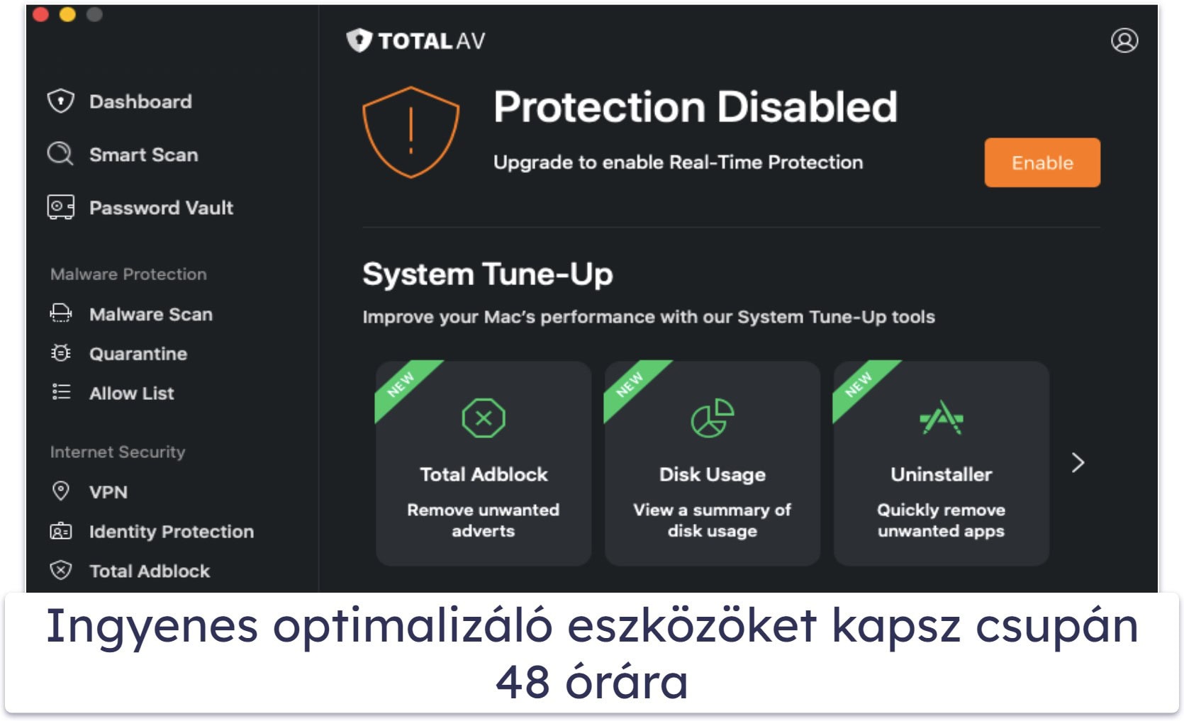 2.🥈 TotalAV Free Antivirus — Jó víruskereső és korlátozott Mac gyorsító eszközök