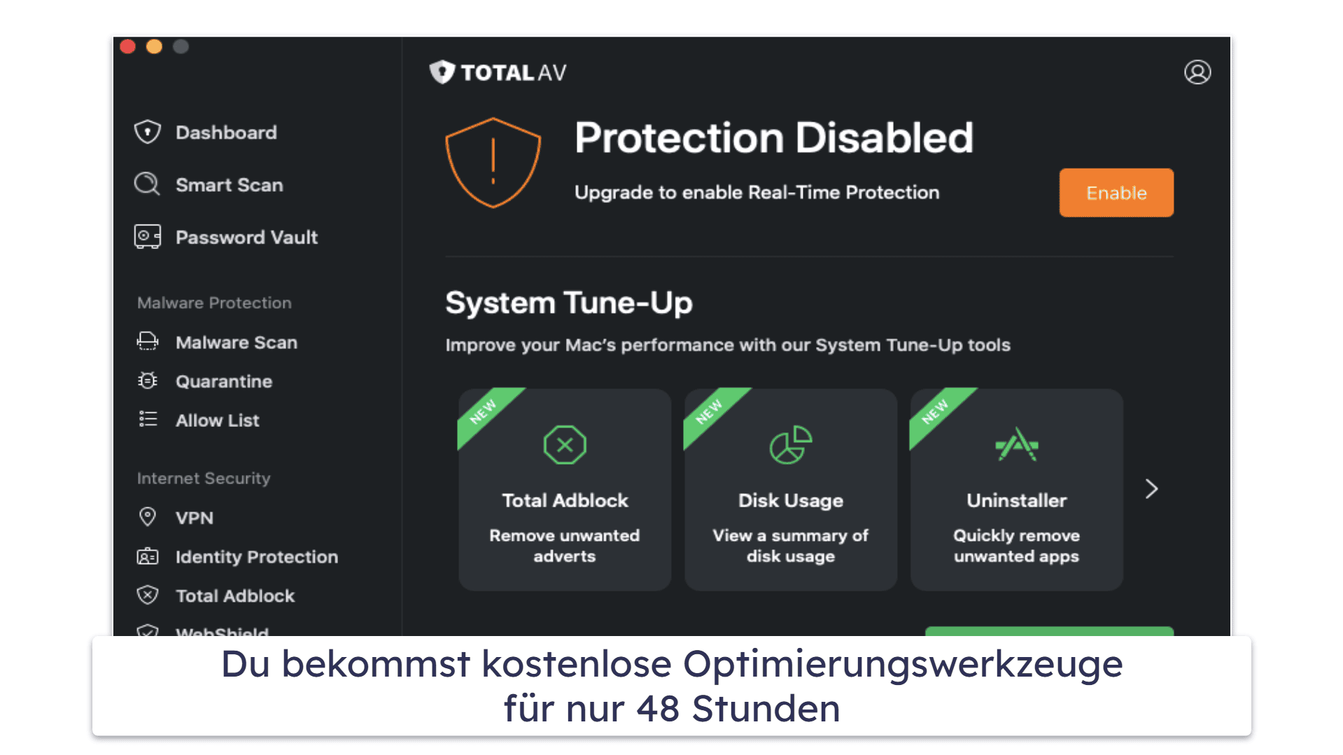 2.🥈 TotalAV Free Antivirus – guter Antivirus-Scanner &amp; limitierte Werkzeuge, um den Mac zu beschleunigen