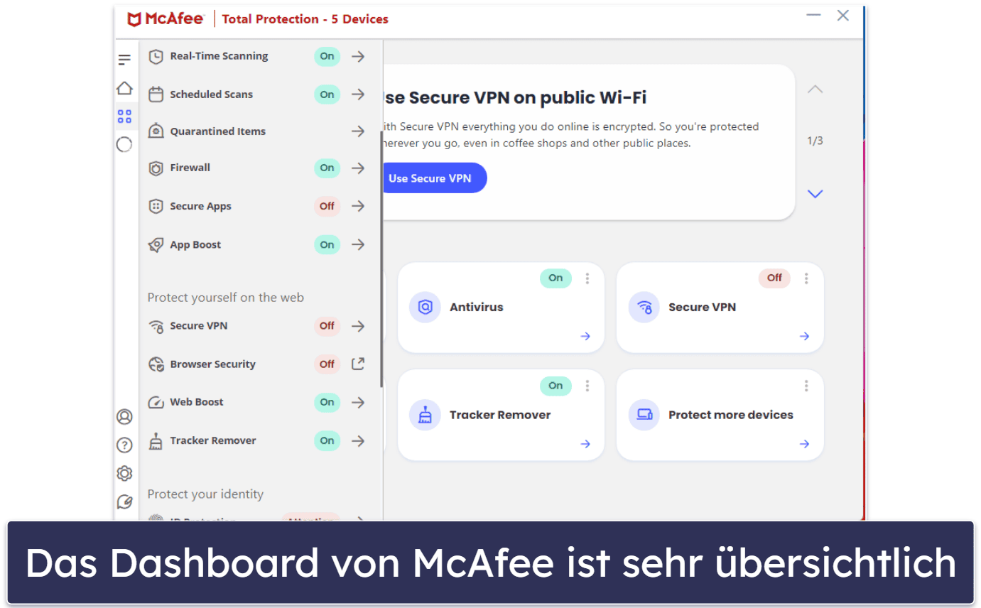 🥉3. McAfee — Ausgezeichneter Webschutz + Großartiges VPN für Anfänger