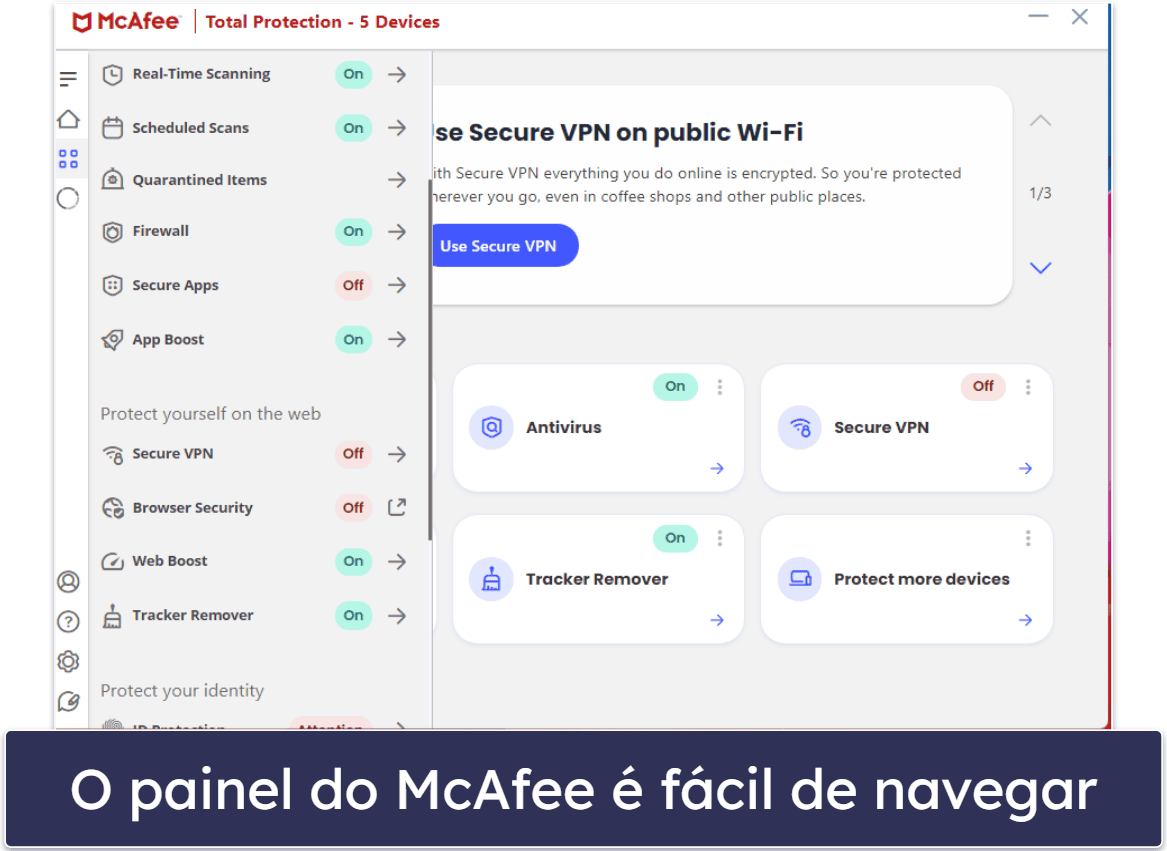 🥉3. McAfee — excelente proteção web + ótima VPN para iniciantes