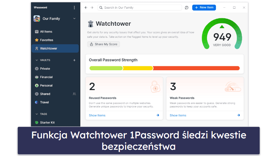 🥈2. 1Password — Bogaty w funkcje i świetny dla rodzin (ale nie za darmo)