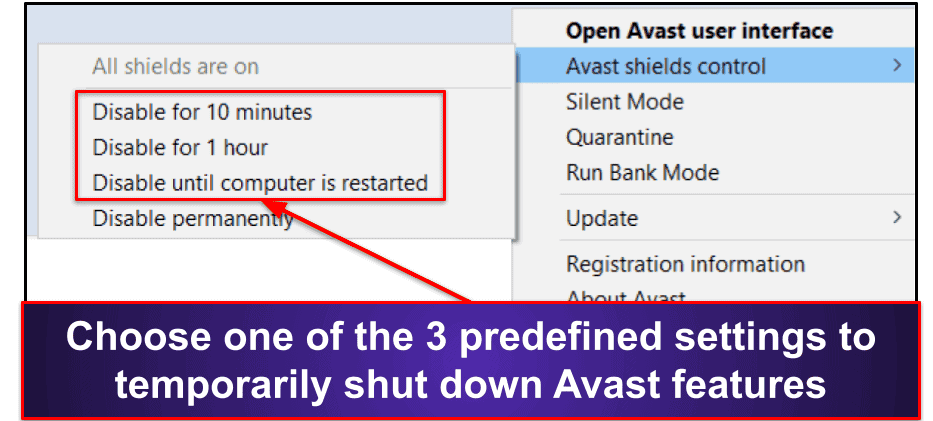 how do you disable avast for 10 minutes