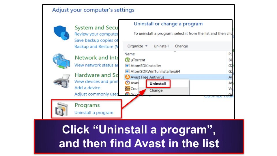 how to unistall avast computer software