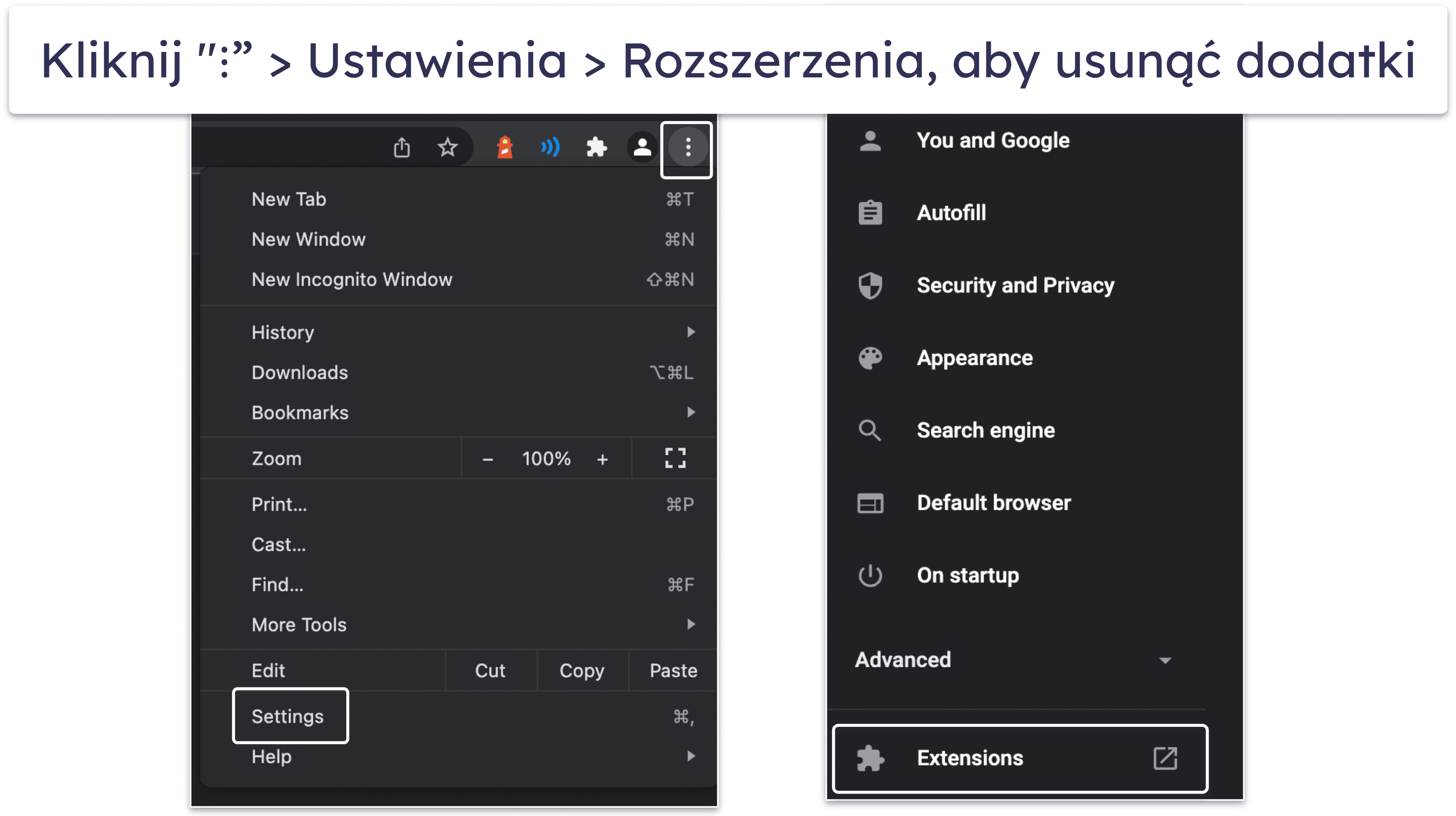 Krok wstępny: Sprawdź Chrome pod kątem podejrzanych rozszerzeń przeglądarki i przywróć domyślne ustawienia Chrome