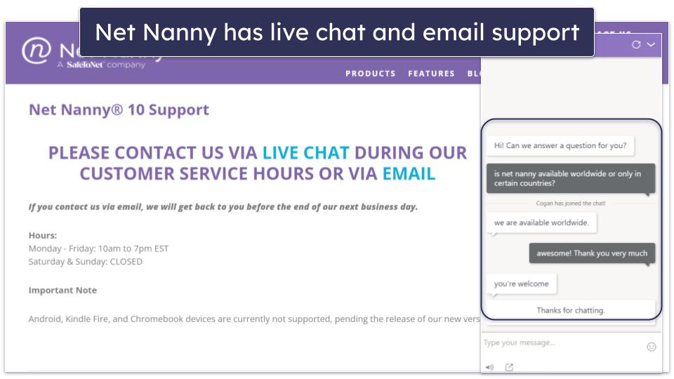 Net Nanny Customer Support — Pretty Good Live Chat &amp; Email