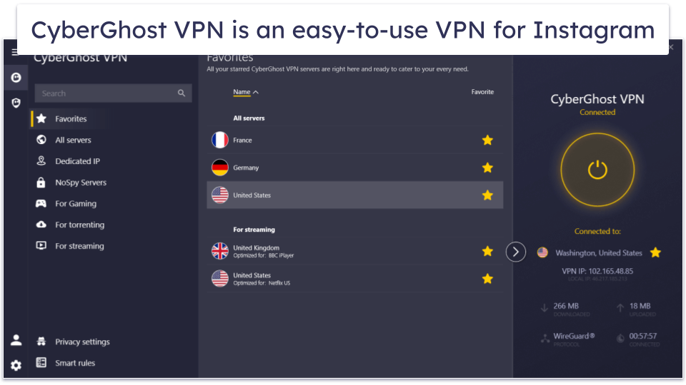 🥉3. CyberGhost VPN — Beginner-Friendly VPN for Instagram
