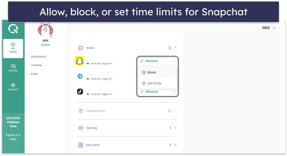 5. Qustodio — Best for Setting Time Limits on Your Kid’s Snapchat