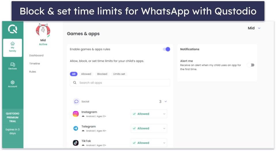 5. Qustodio — Set Time Limits for WhatsApp Usage