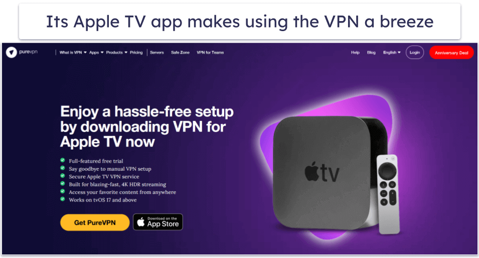 7. PureVPN — Dedicated Apple TV App &amp; Good Streaming Support
