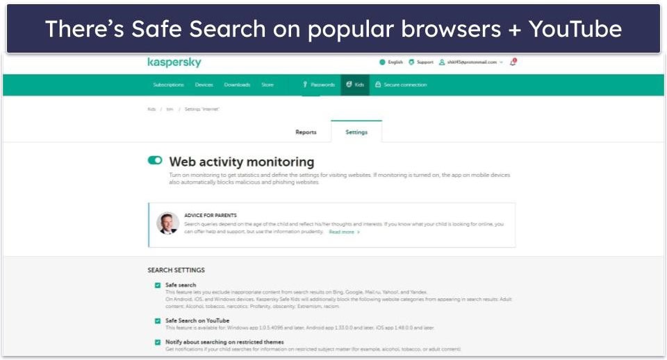 7. Kaspersky Safe Kids — Good YouTube Search Monitoring on Windows