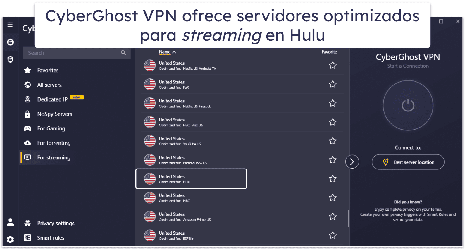 🥉3.CyberGhost VPN: interfaz intuitiva + servidores optimizados para streaming en Hulu