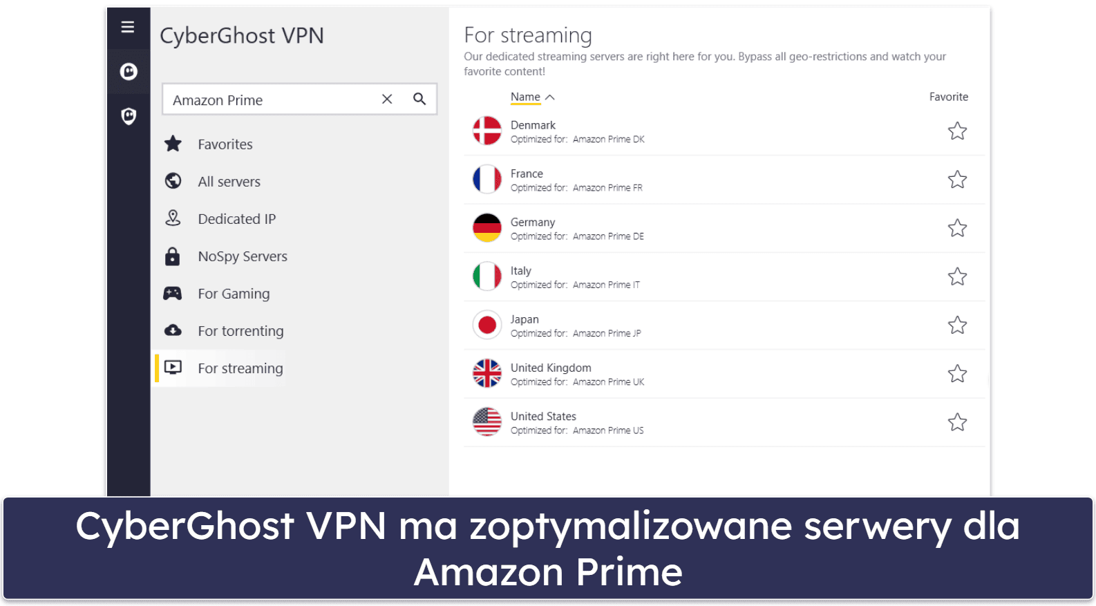 🥉3. CyberGhost VPN: Specjalistyczne serwery strumieniowe dla Amazon Prime Video