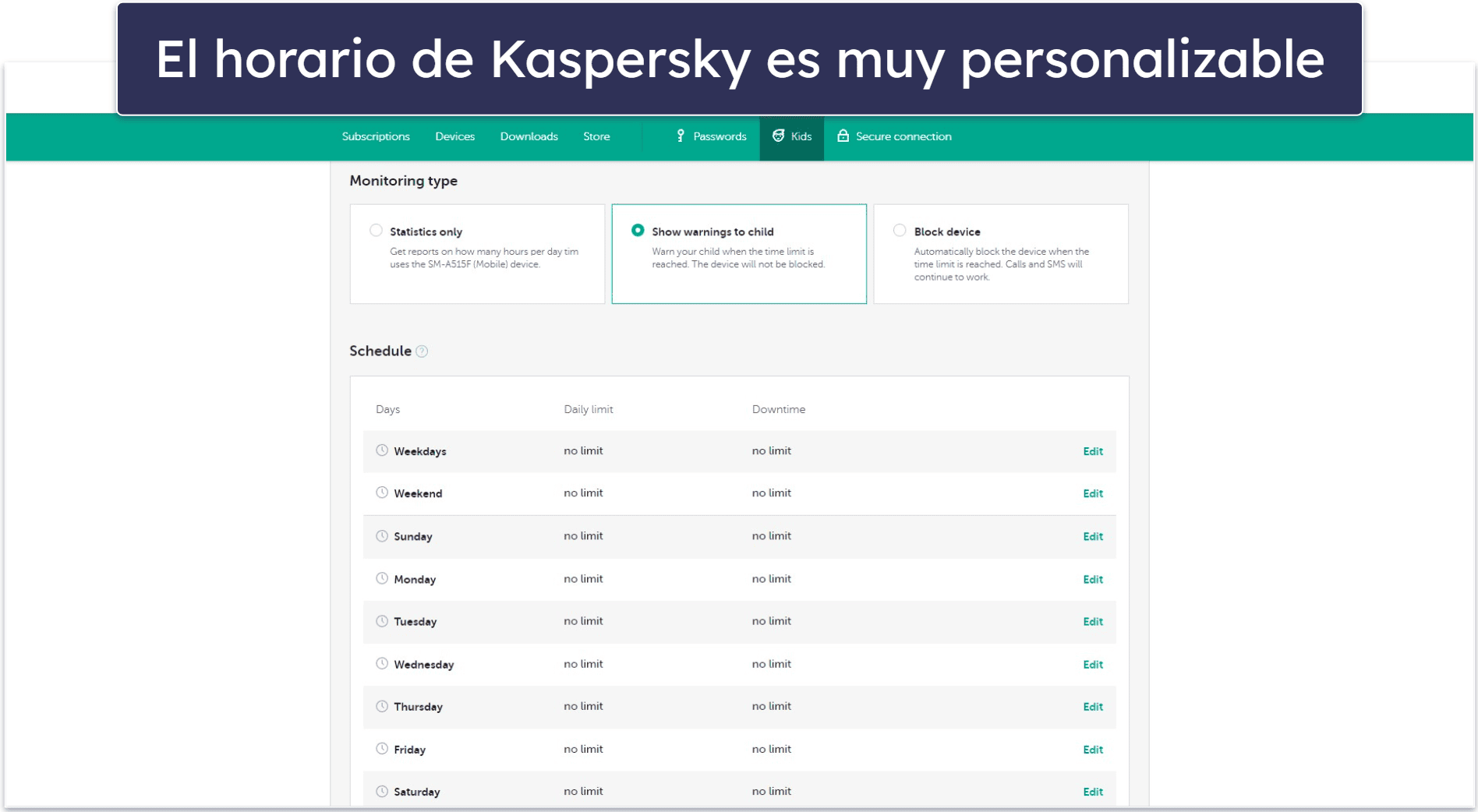 5. Kaspersky Safe Kids: Establece límites de tiempo flexibles para gestionar el uso del Mac