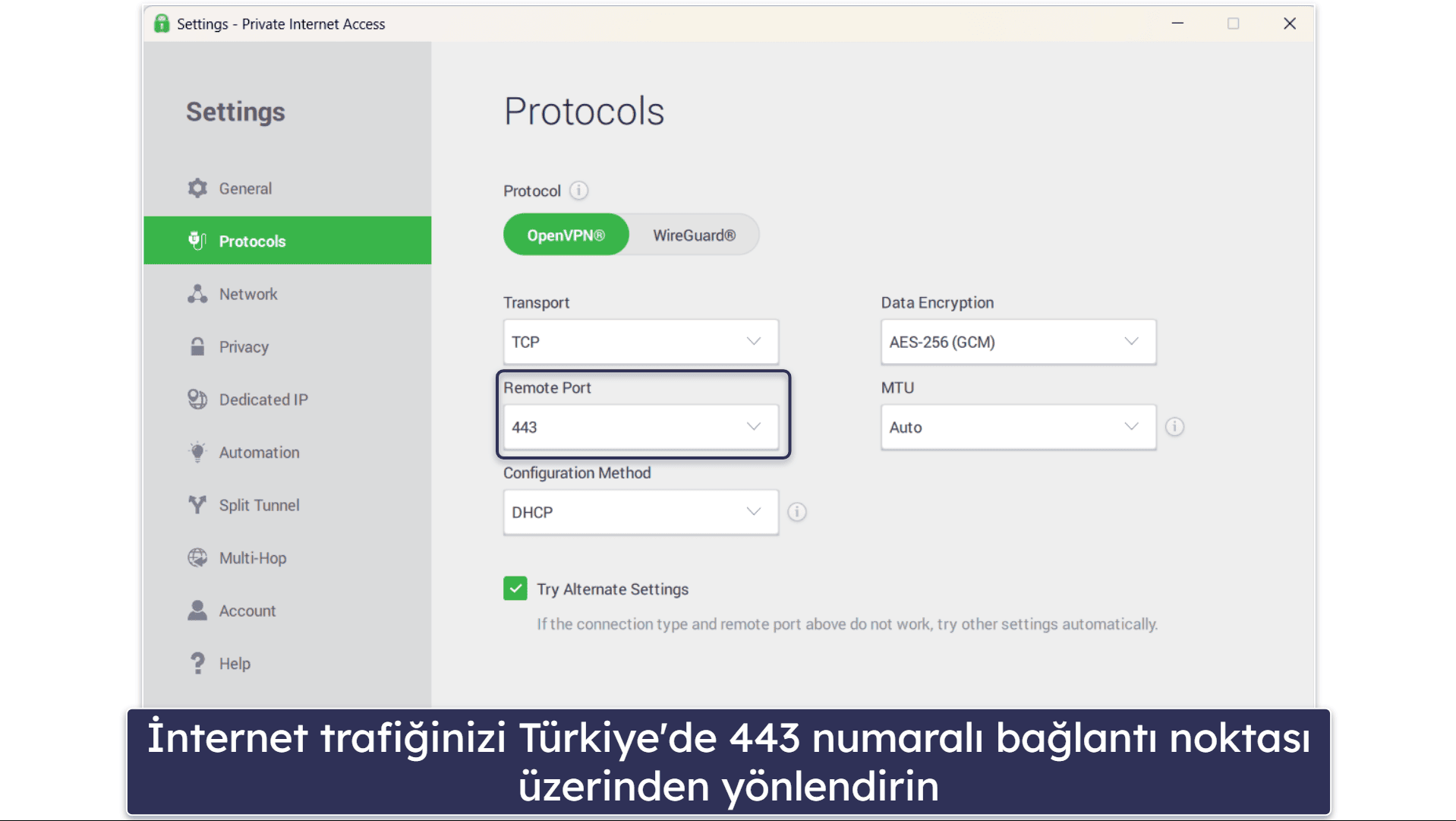 🥈2. Private Internet Access — Türkiye için Özelleştirilebilir VPN