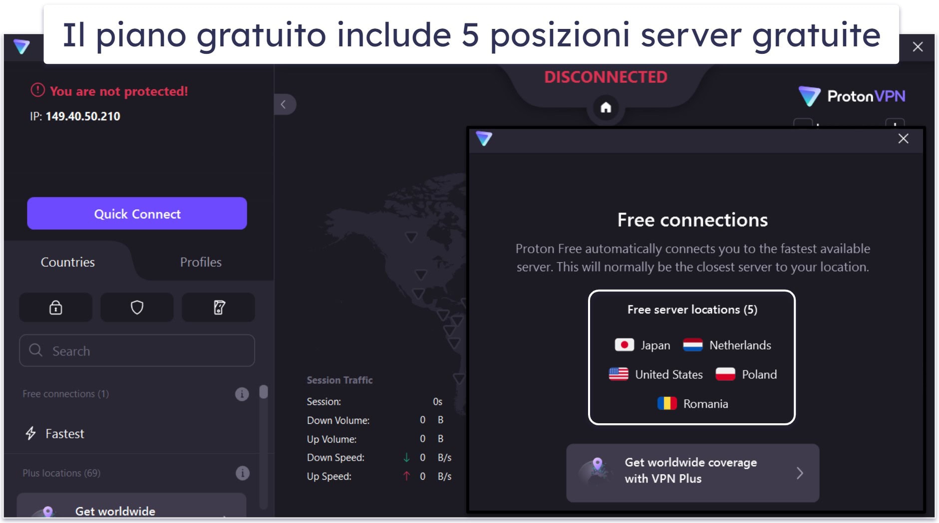 🥉3. Proton VPN — Ottimo piano gratuito con dati illimitati