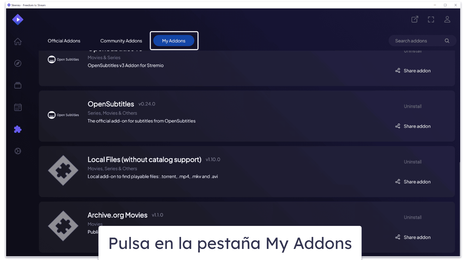 Cómo desinstalar addons en Stremio