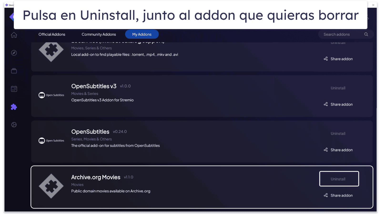 Cómo desinstalar addons en Stremio