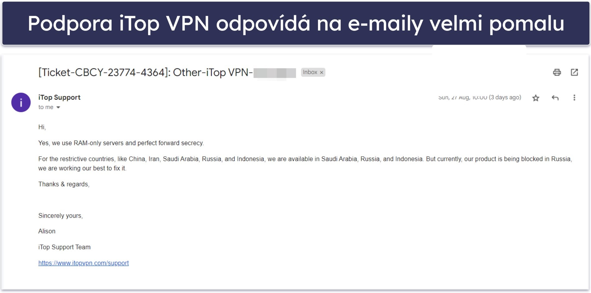 Zákaznická podpora iTop VPN