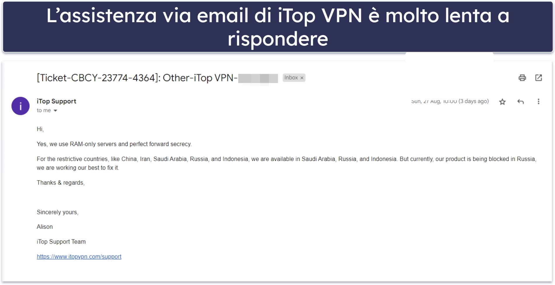 Assistenza clienti di iTop VPN