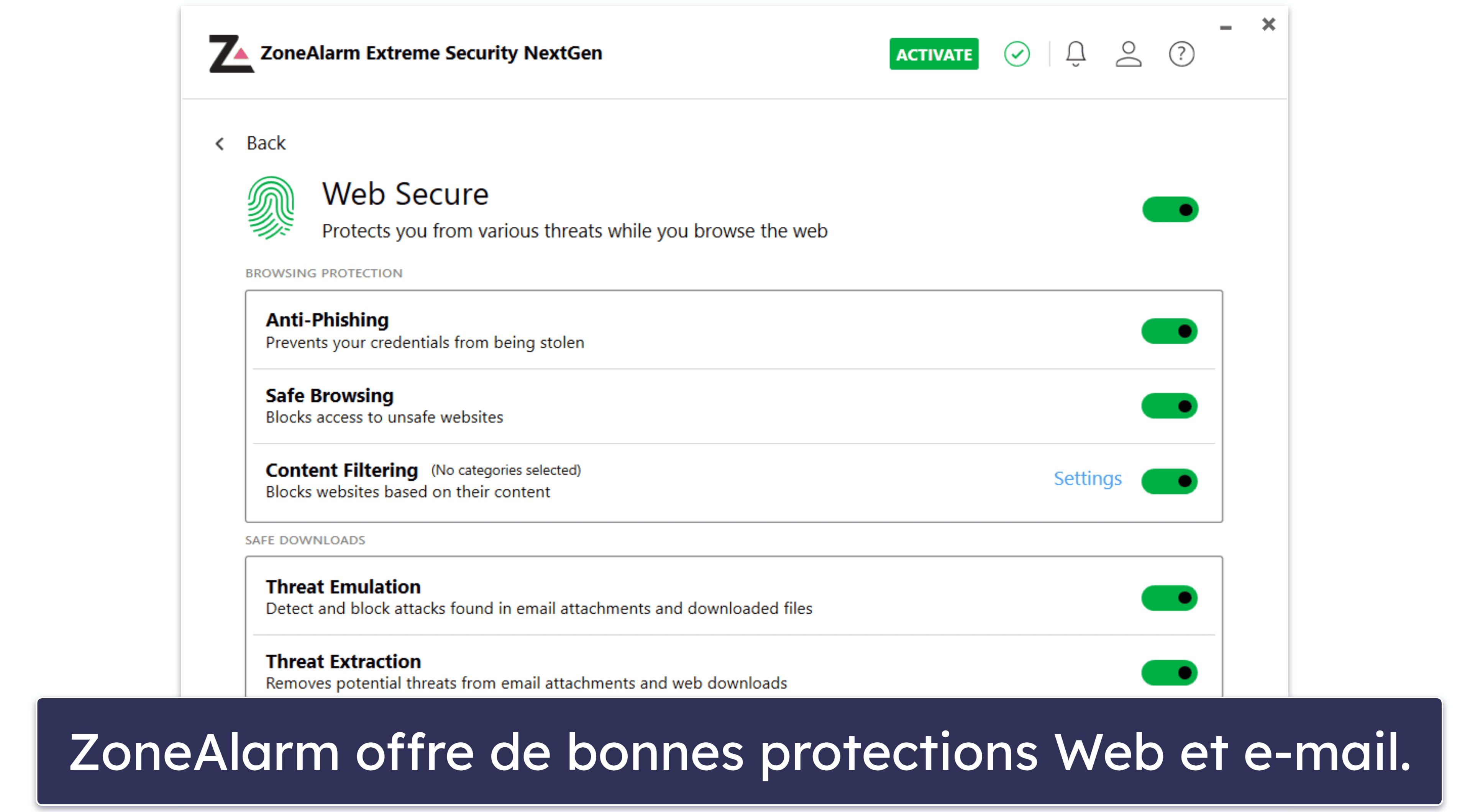 Fonctionnalités de sécurité de ZoneAlarm