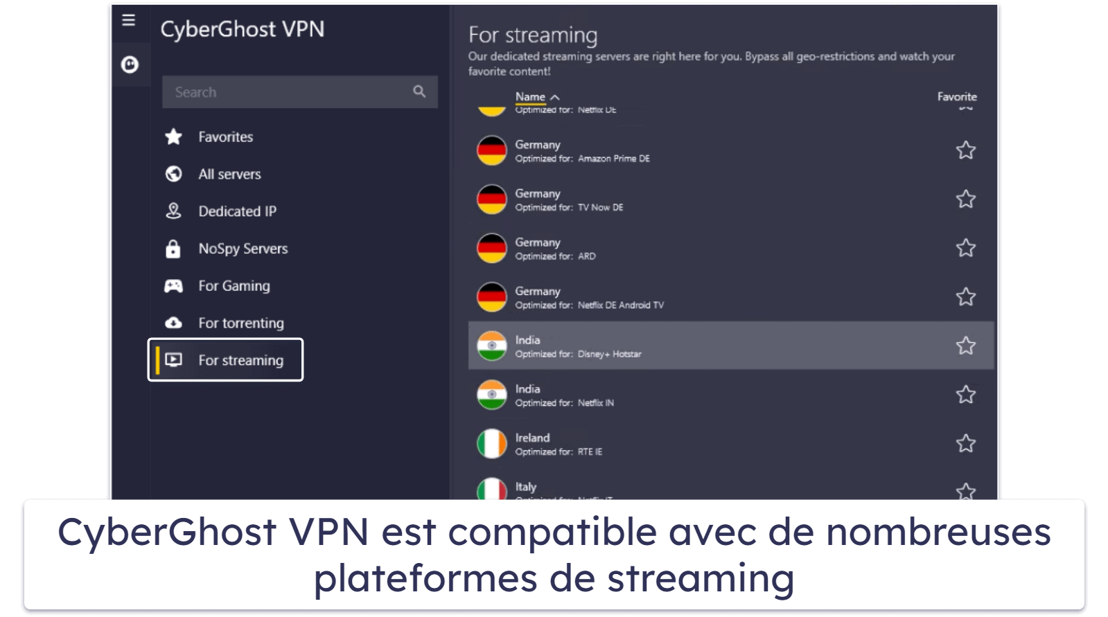 🥈2. CyberGhost VPN — serveurs optimisés pour le streaming sur Hotstar