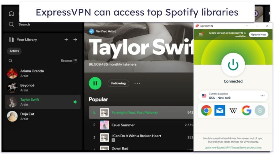 🥇1. ExpressVPN — Best Overall VPN for Streaming Spotify