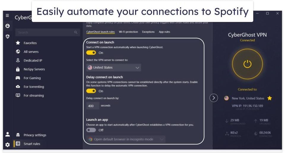 🥉3. CyberGhost VPN — Convenient Automation Rules for Spotify