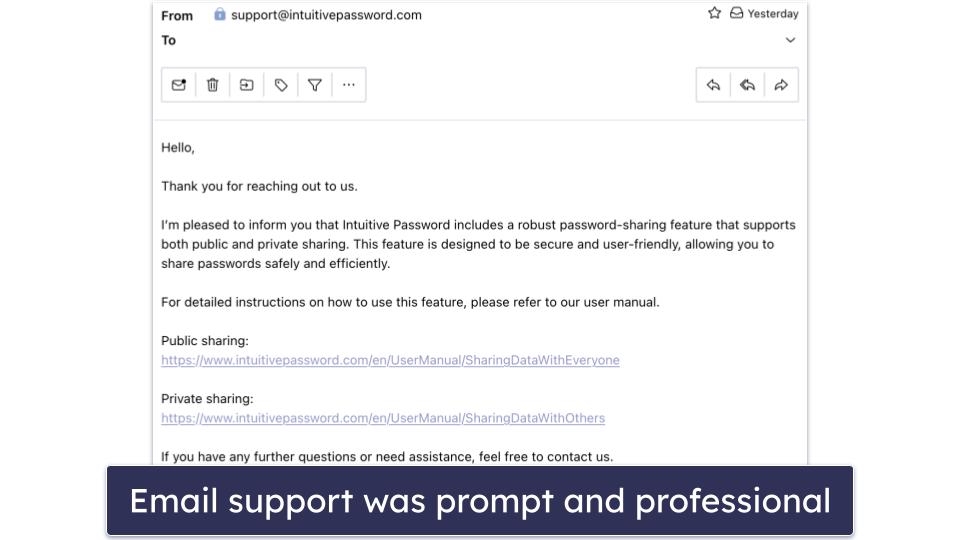 Intuitive Password Customer Support — Excellent Email Support
