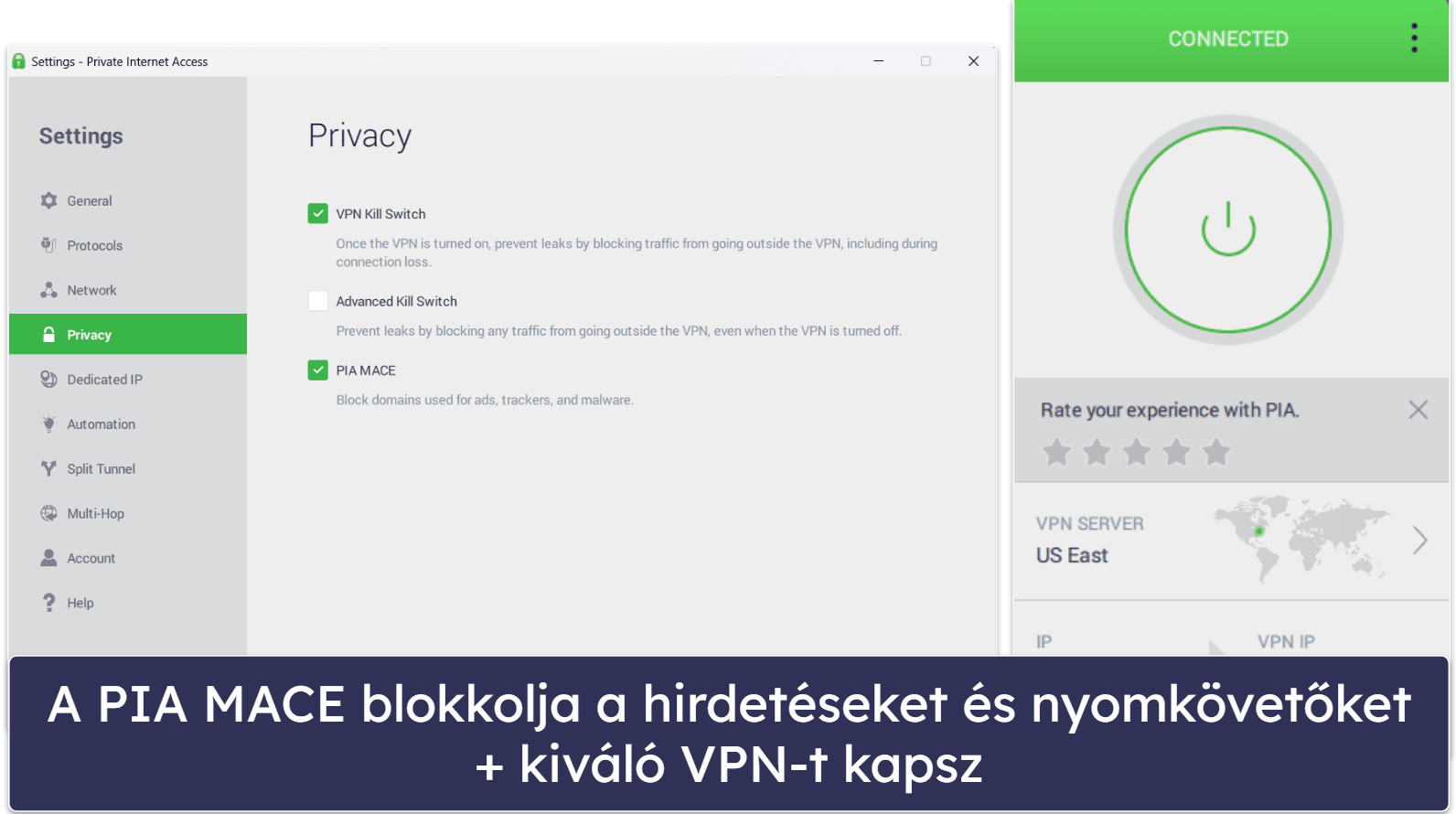 🥇1. Private Internet Access (PIA) VPN – Kiváló reklámblokkoló egy nagyszerű VPN-hez mellékelve