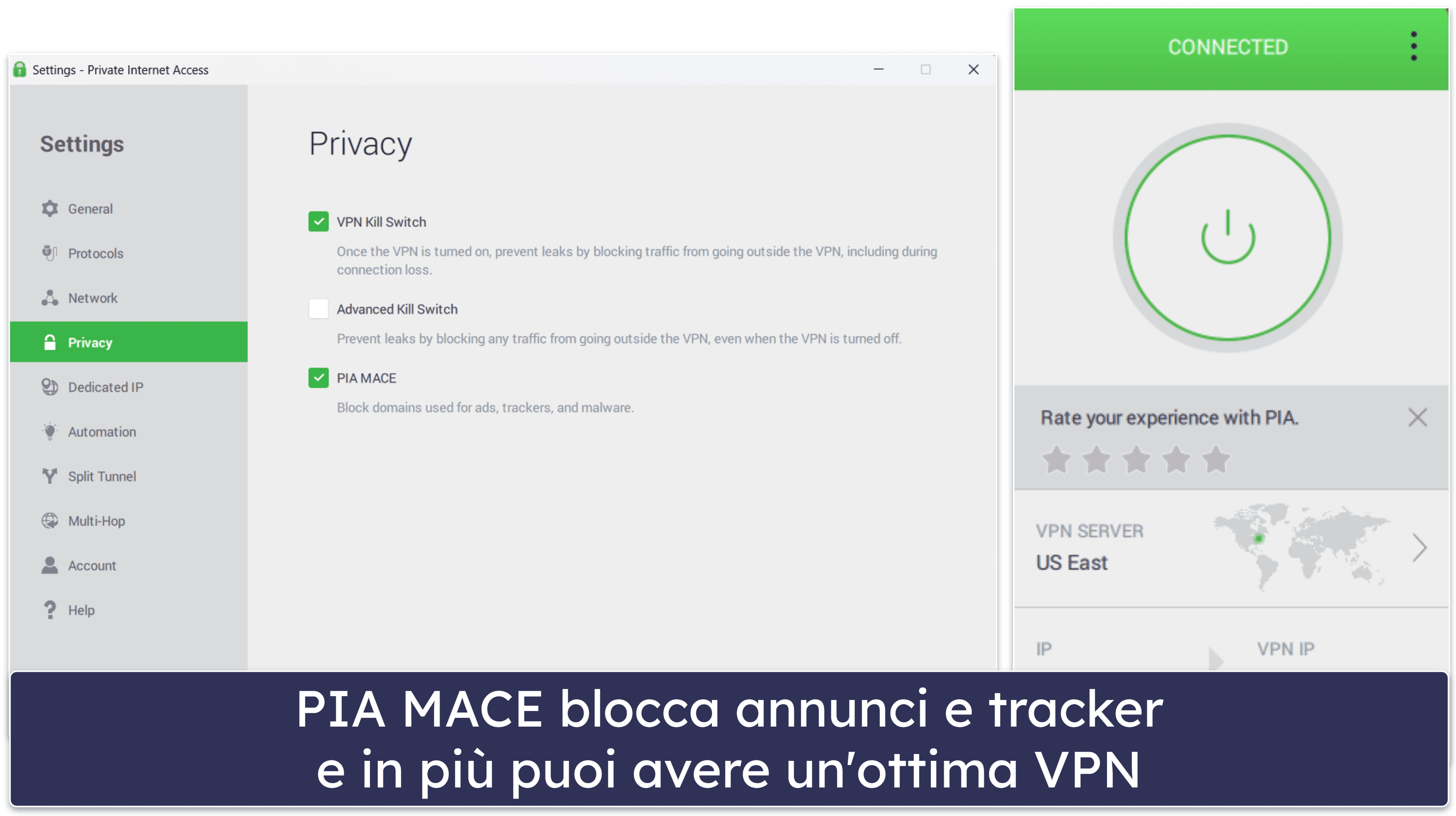 🥇1. Private Internet Access (PIA) VPN — Un ottimo adblocker incluso in un’ottima VPN