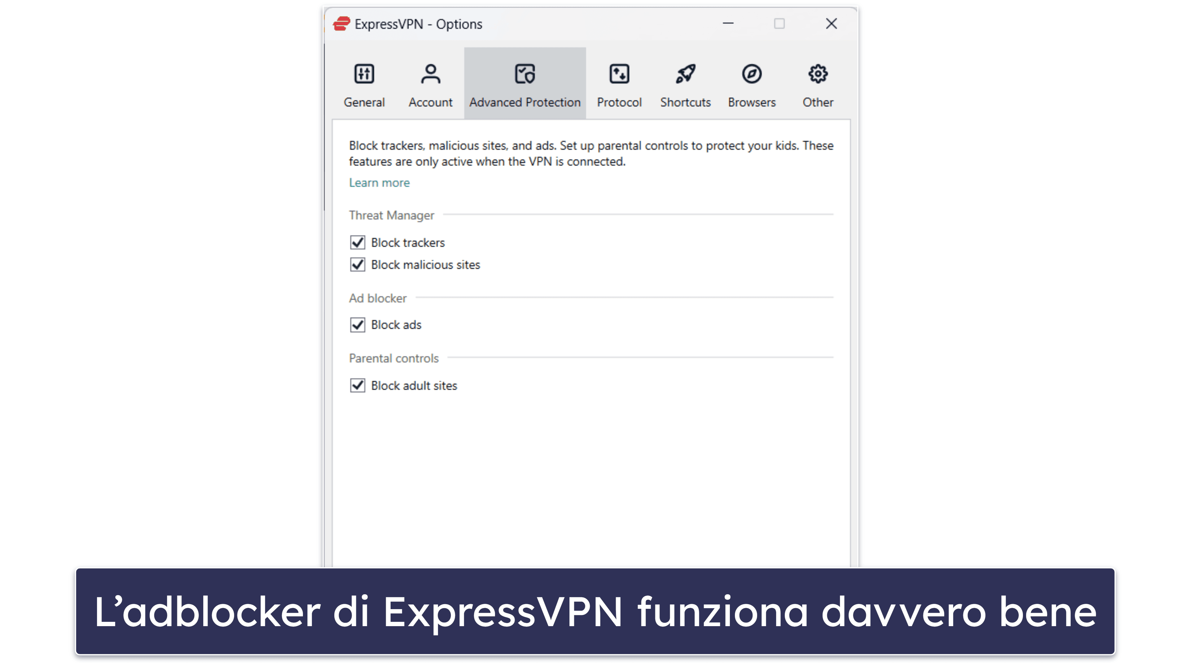 🥈2. ExpressVPN — Efficacissimo blocco per annunci e tracker e la miglior VPN sul mercato