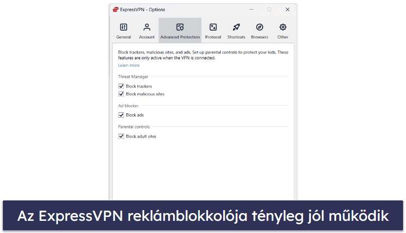 🥈2. ExpressVPN — Kiváló reklámblokkoló és nyomkövető-blokkoló funkció + a piacon elérhető legjobb VPN