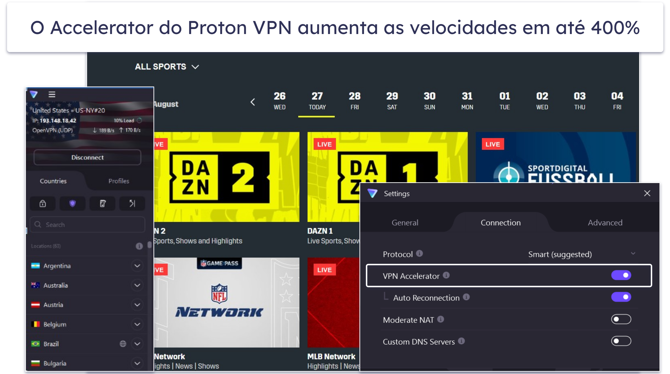 7. Proton VPN — Ótimo suporte de streaming com ferramenta de aumento de velocidade