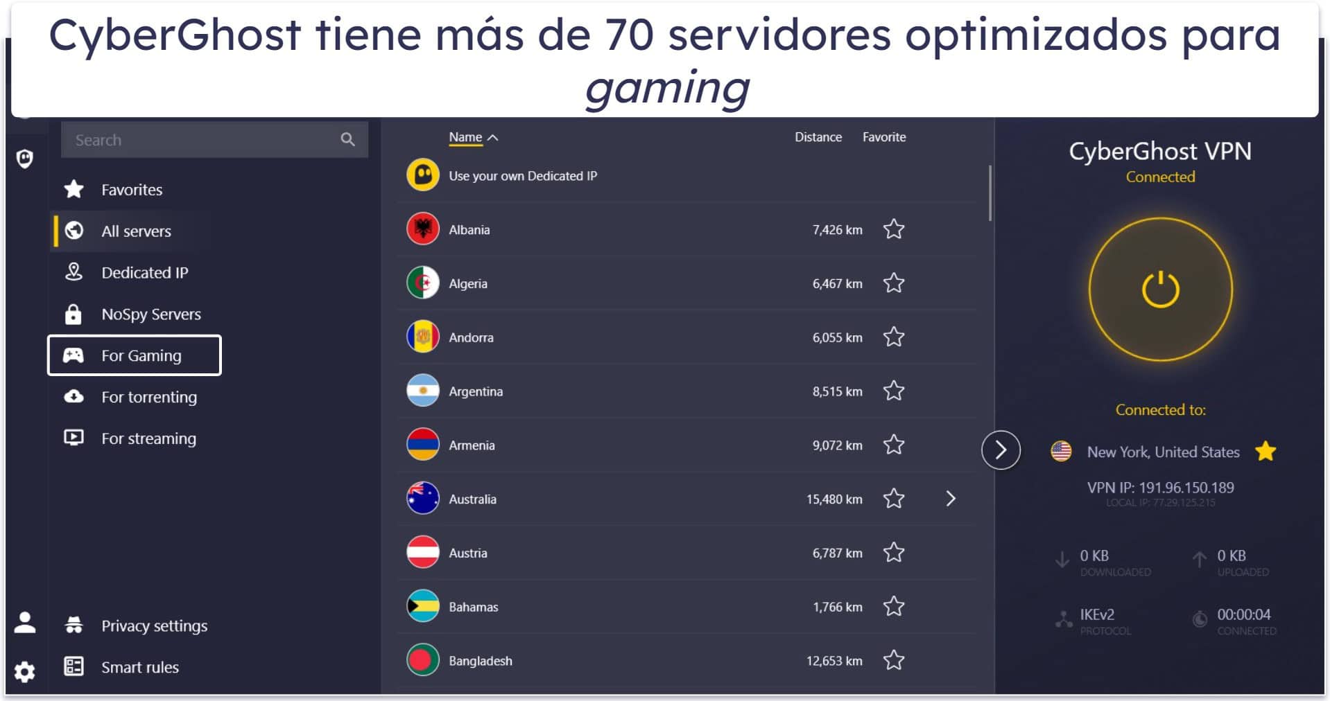 🥉3. CyberGhost VPN: servidores optimizados para gaming + conexiones automatizadas