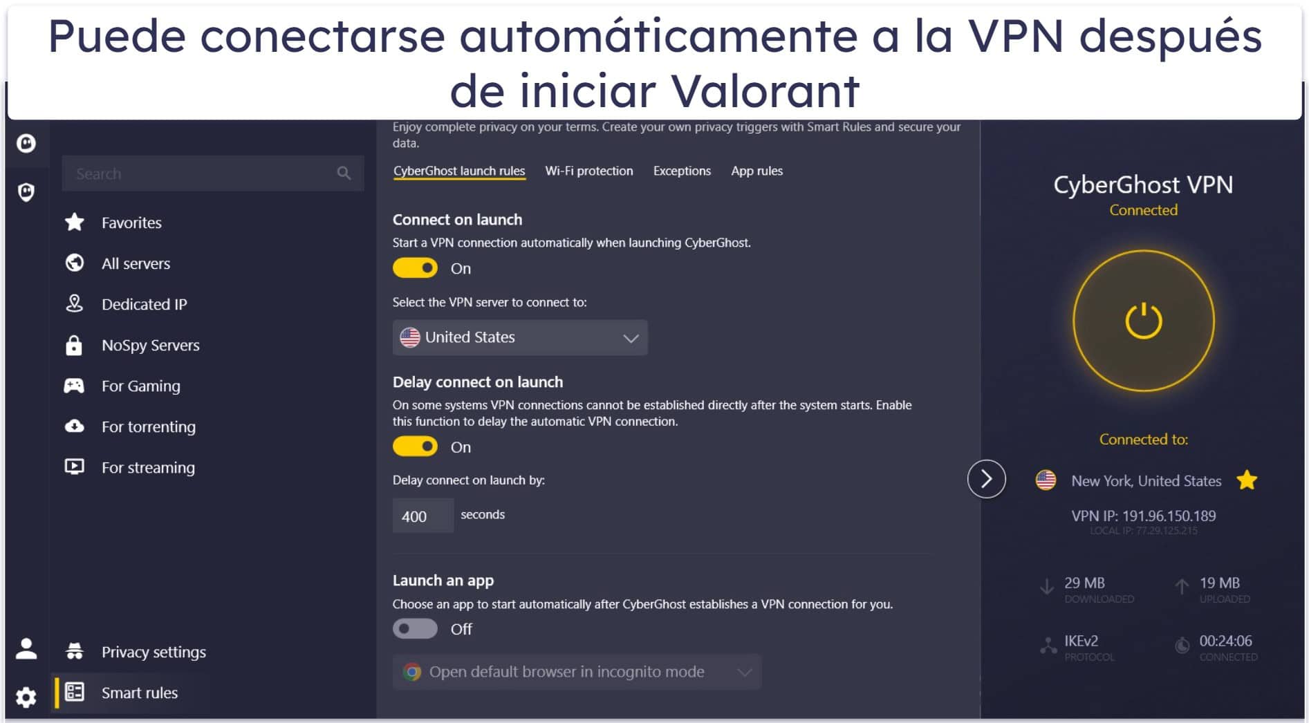 🥉3. CyberGhost VPN: servidores optimizados para gaming + conexiones automatizadas