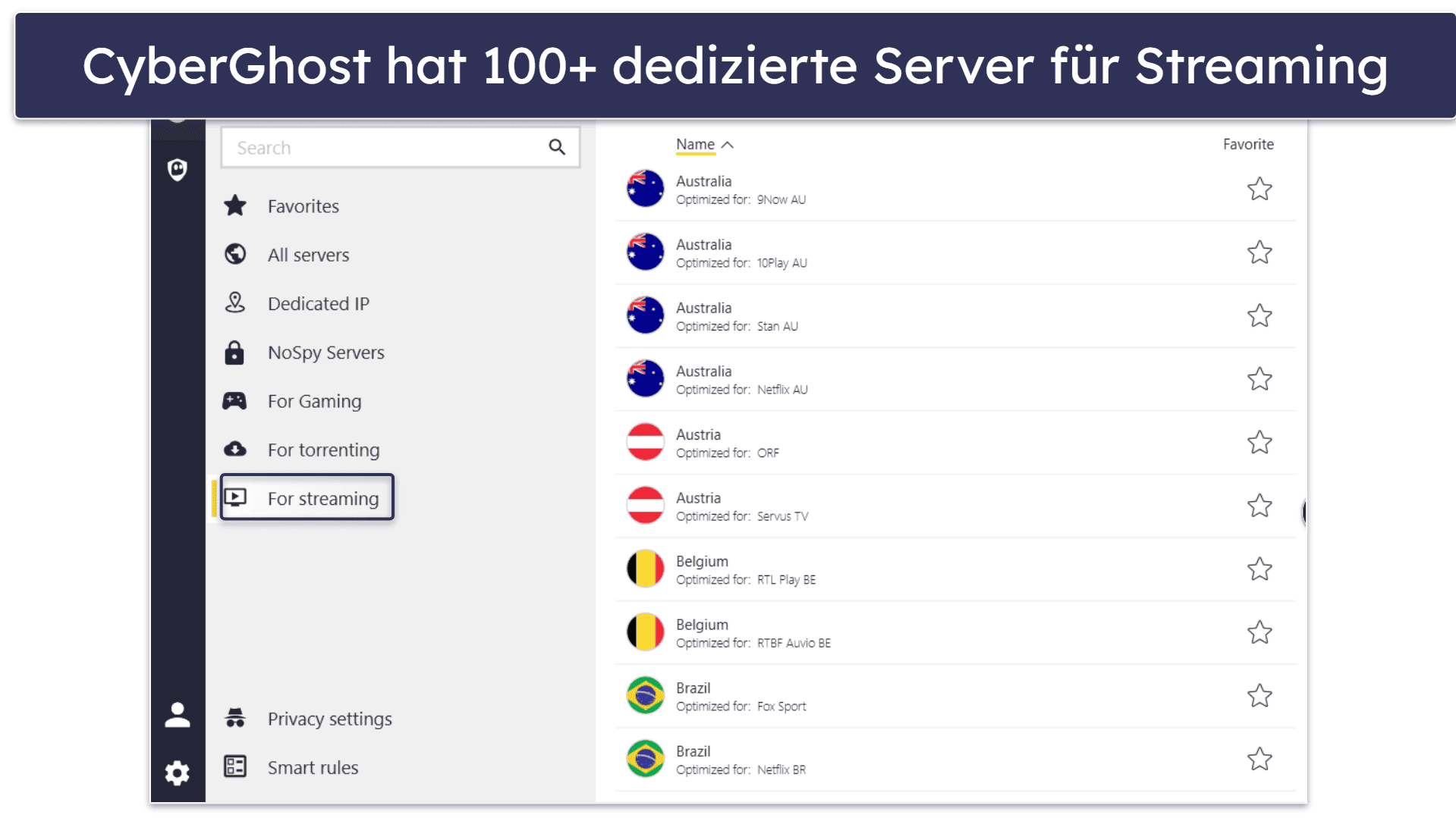 🥉3. CyberGhost VPN — Ideal für Streaming mit Starlink (Dedizierte Streaming-Server)