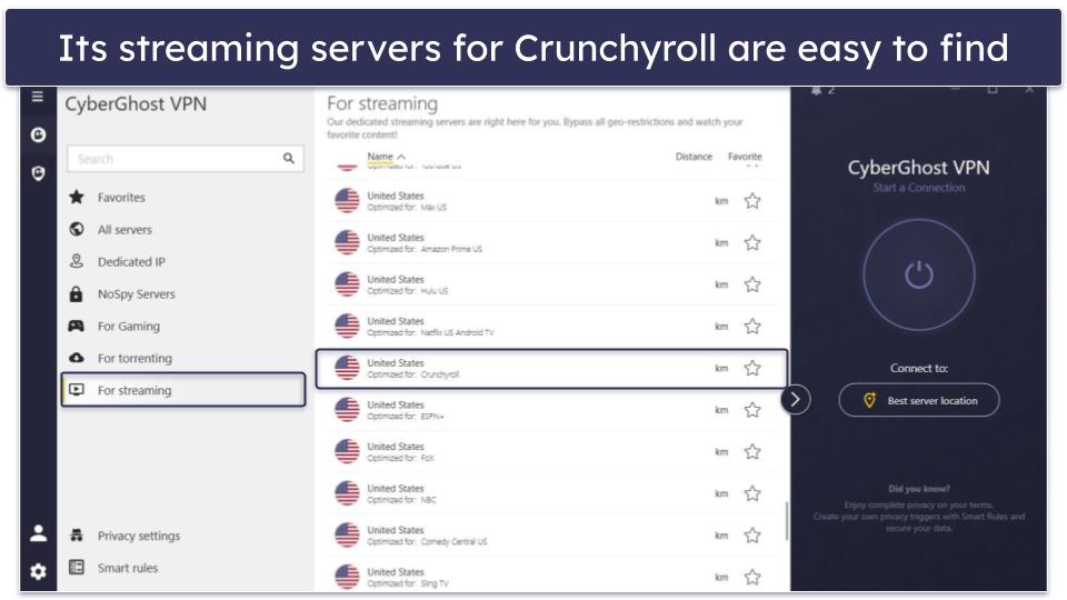 🥉3. CyberGhost VPN — Streaming-Optimized Server for Crunchyroll + Good Automation