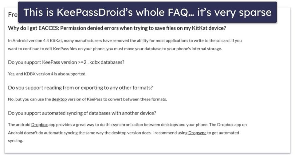 KeePassDroid Customer Support — Total Lack of Options