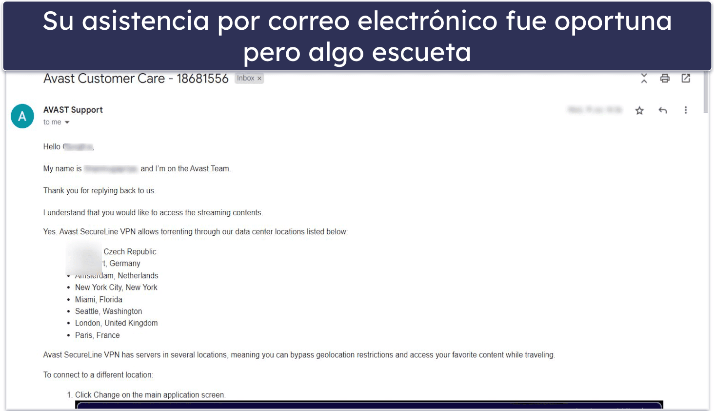 Atención al cliente de Avast SecureLine VPN: buena atención telefónica, pero la atención por correo electrónico es regular