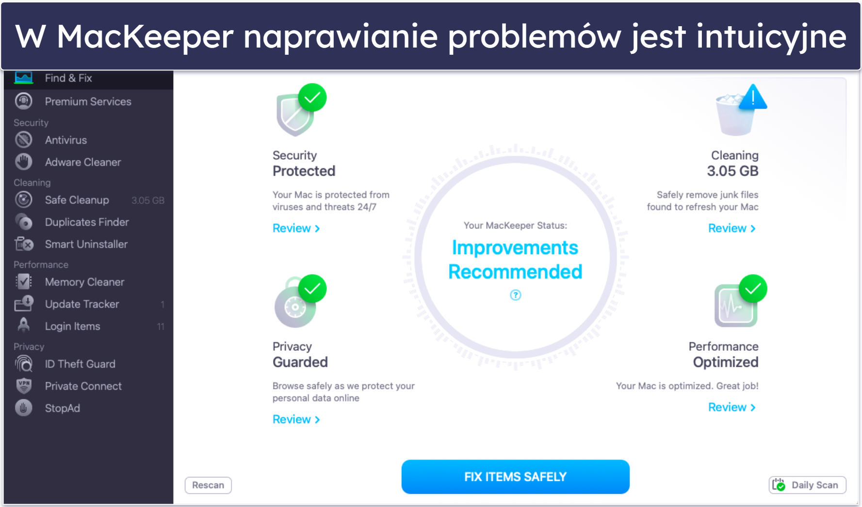 6. MacKeeper — najlepszy do intuicyjnego zarządzania bezpieczeństwem