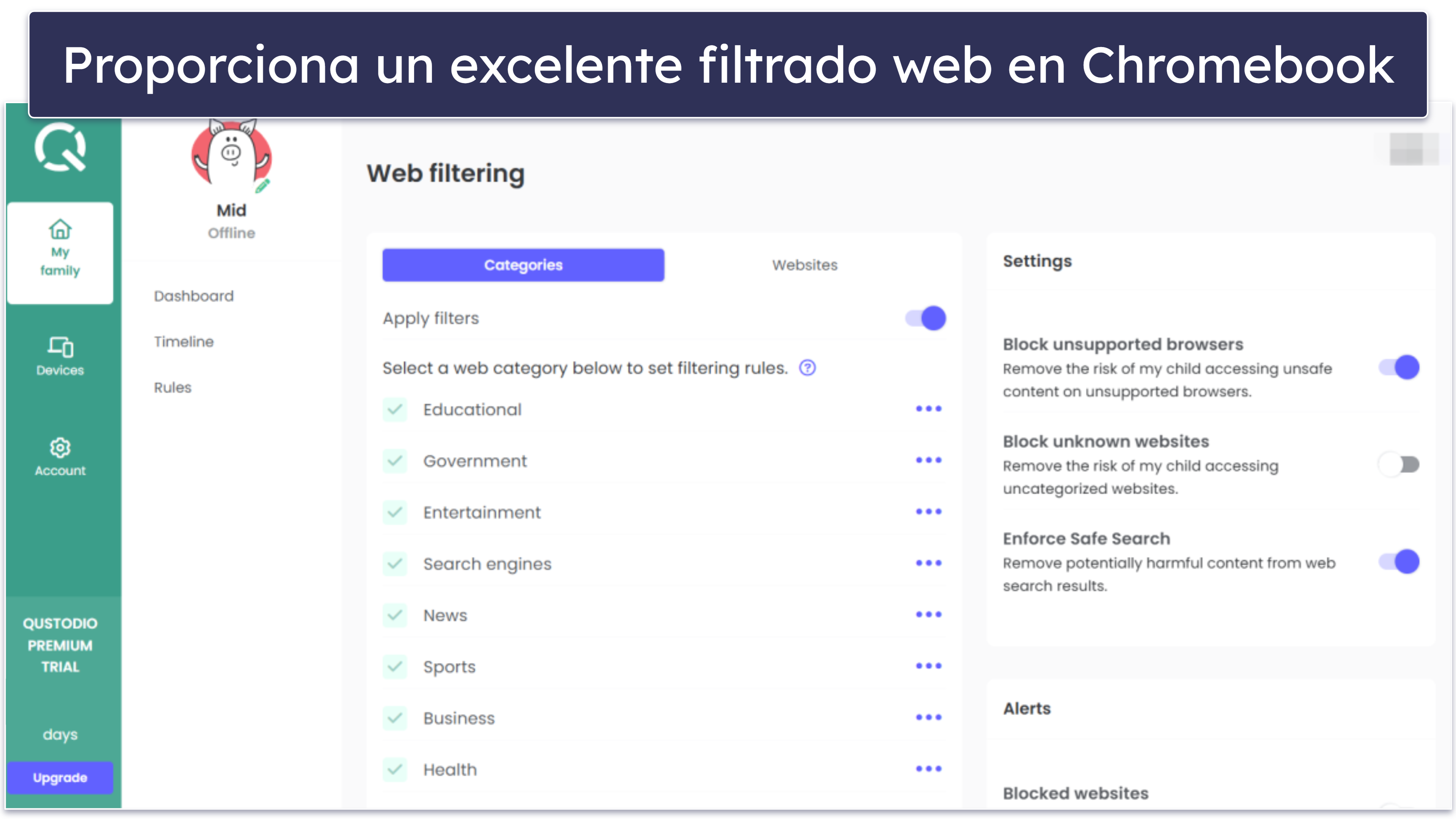 🥇 1. Qustodio —  el mejor control parental en Chromebook