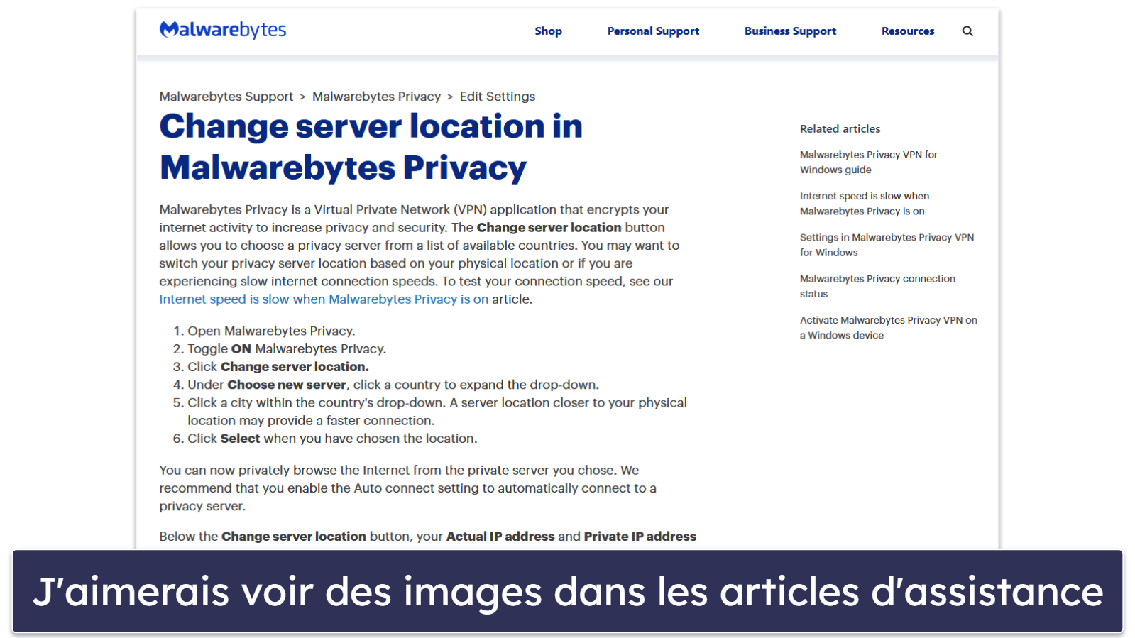 Assistance de Malwarebytes Privacy VPN – Base de connaissances convenable (mais chatbot inutile)