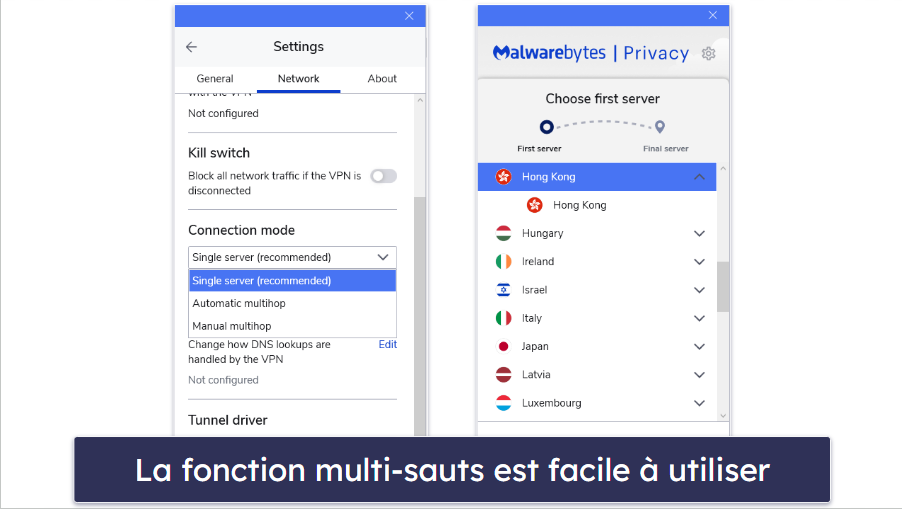 Fonctionnalités de Malwarebytes Privacy VPN – Un peu insuffisantes (pas de Kill Switch sur Android et seulement 1 option de protocole)