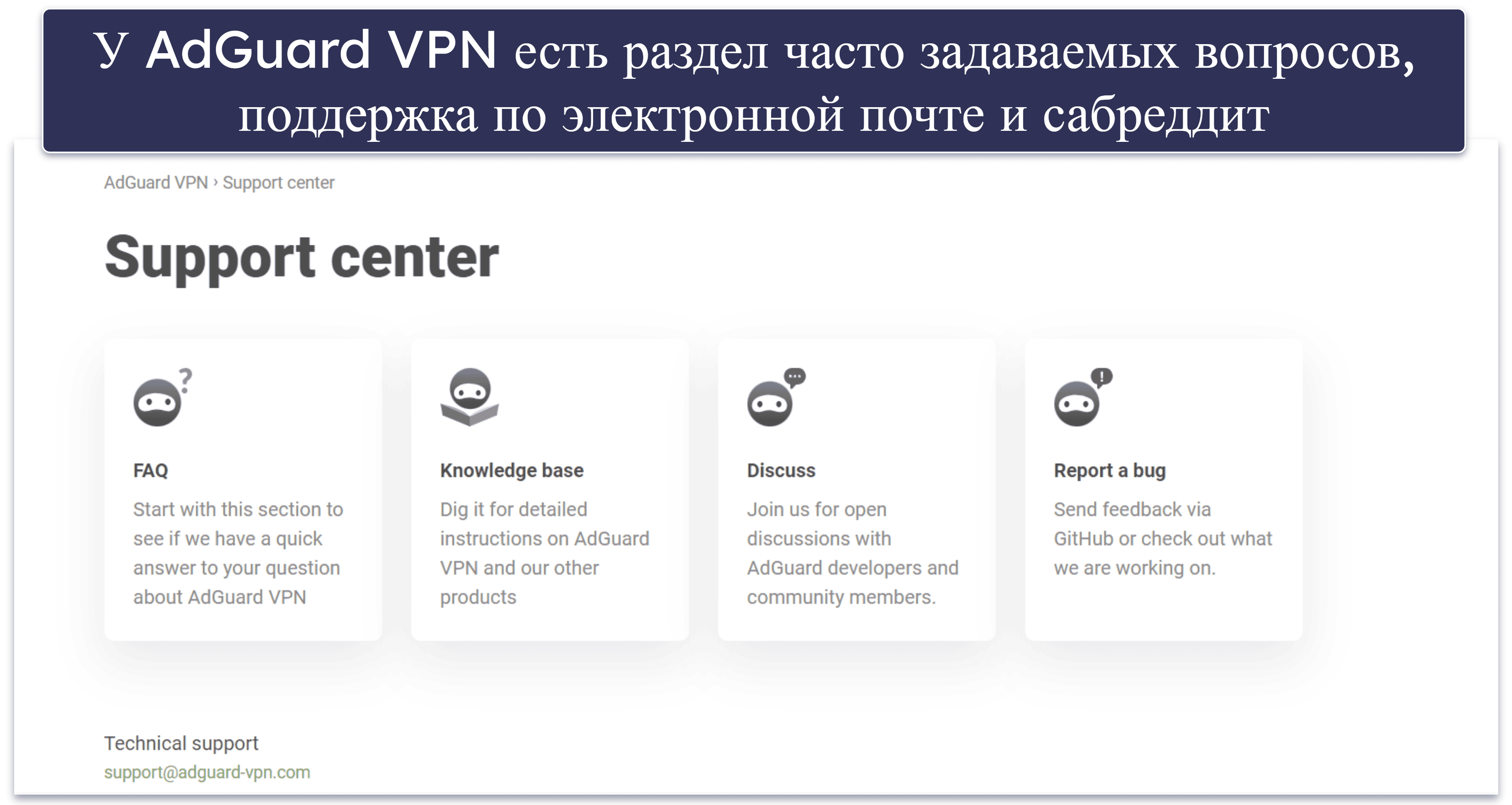 Служба поддержки клиентов AdGuard VPN — большой выбор полезных каналов