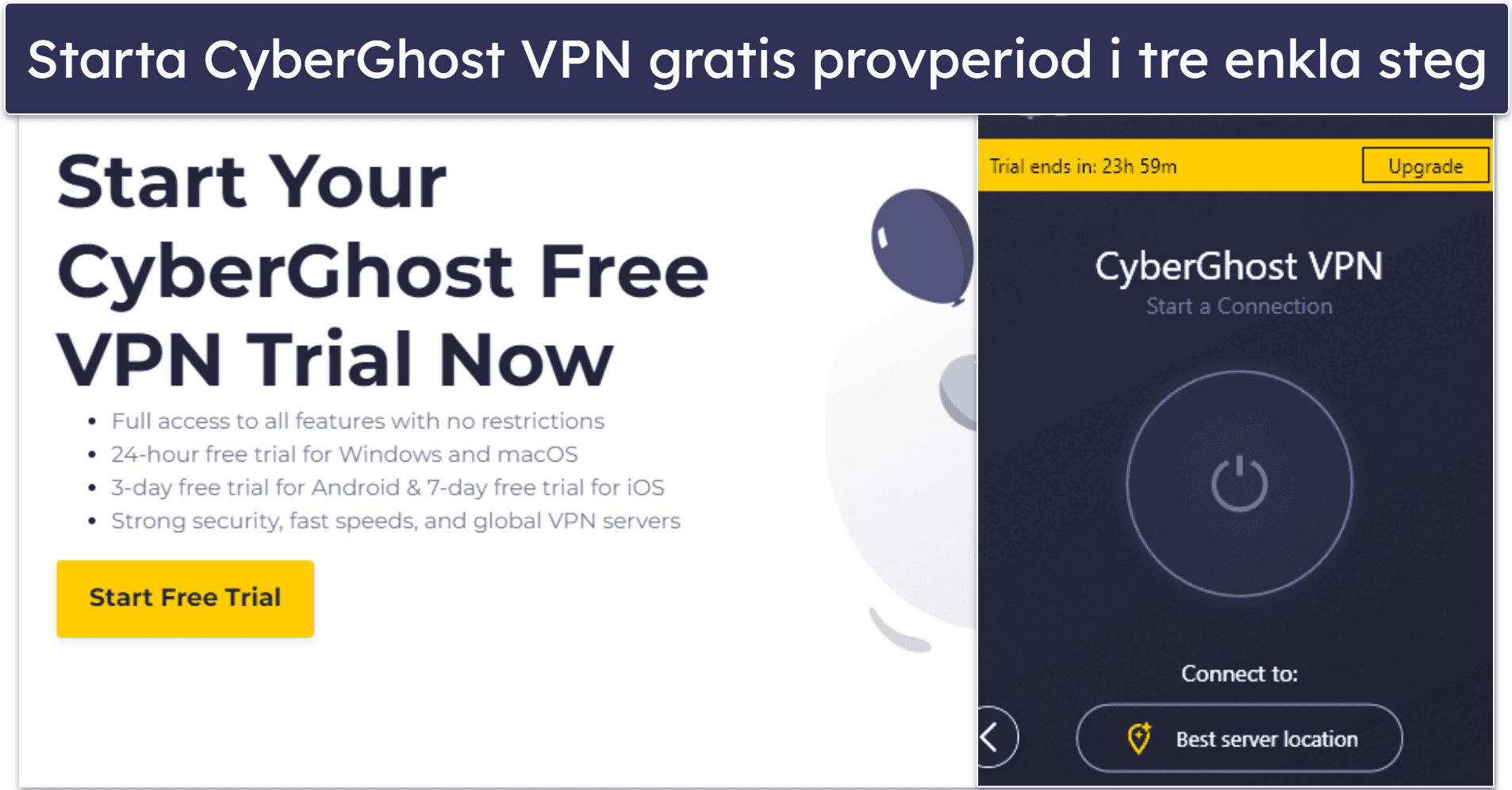 🥈 2. CyberGhost VPN — 24-timmars VPN gratis provperiod med dedikerade streaming- och torrentservrar