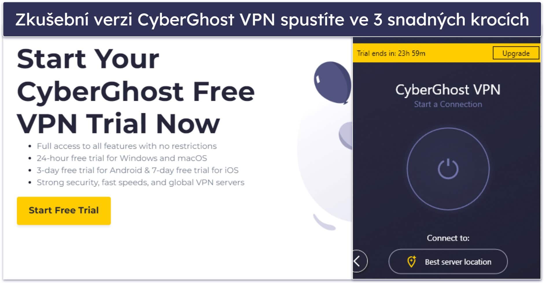 🥈 2. CyberGhost VPN – 24hodinová zkušební verze VPN zdarma se specializovanými servery pro streamování a torrentování