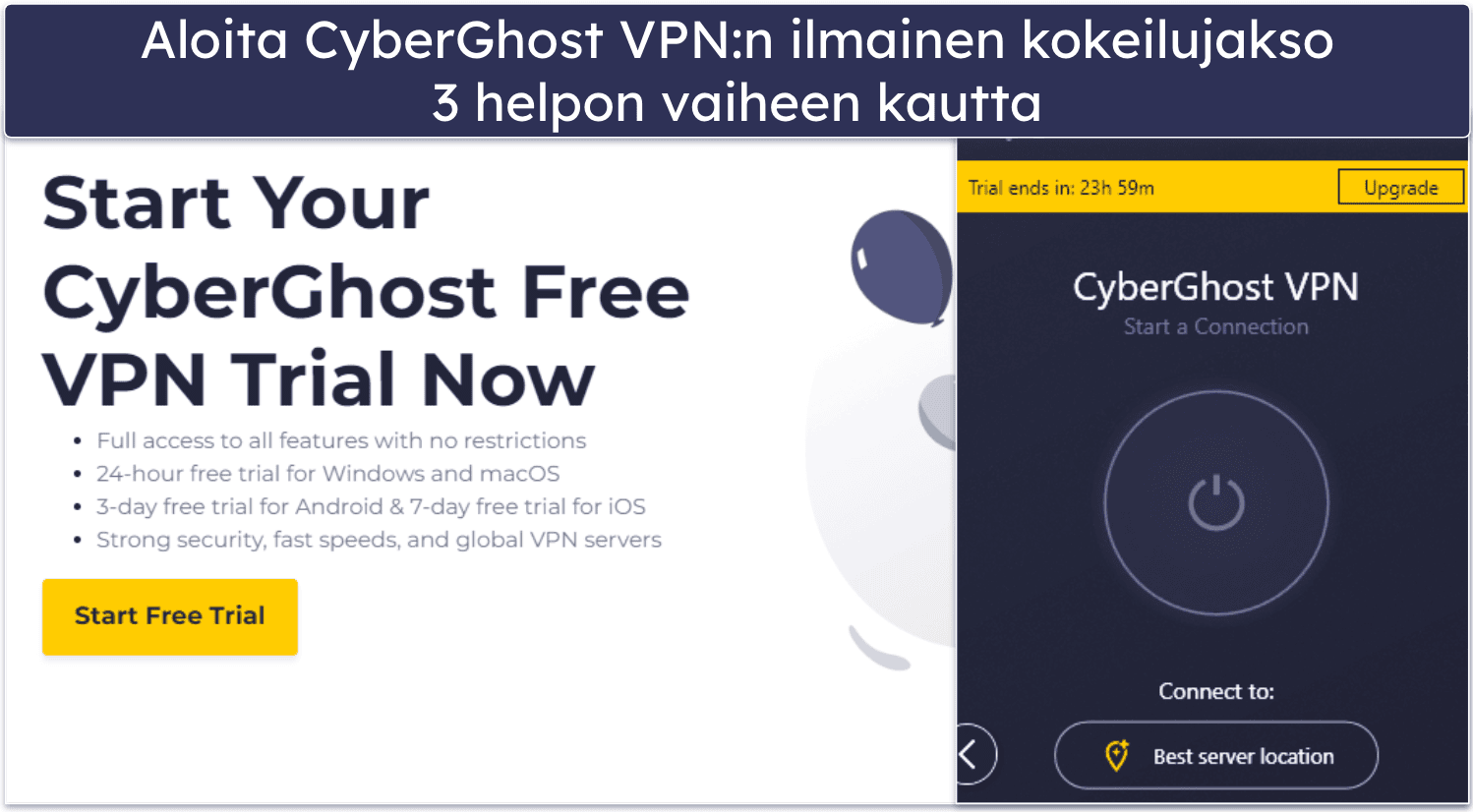 🥈 2. CyberGhost VPN – 24 tunnin VPN-ilmaiskokeilu erikoispalvelimilla suoratoistoon ja torrenteille