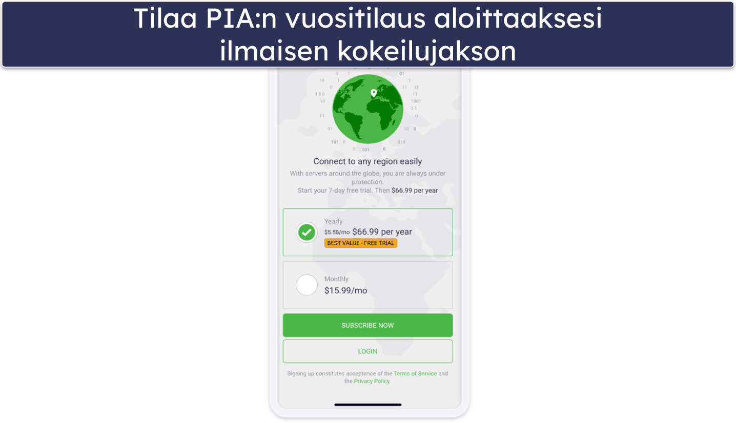 🥉 3. Private Internet Access – 7 päivän ilmaiskokeilu mobiilisovelluksilla tukee torrent-latauksia