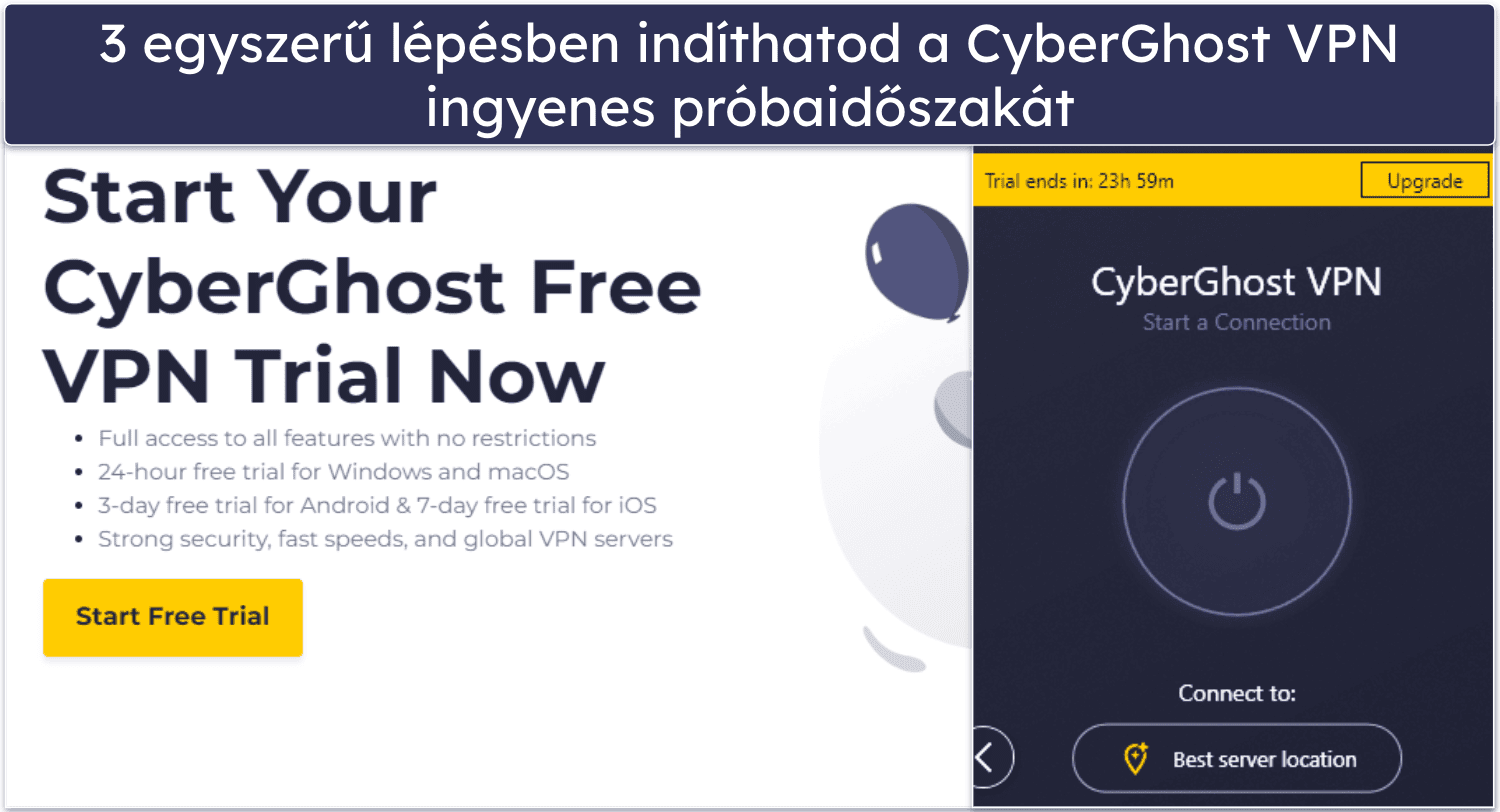 🥈 2. CyberGhost VPN – 24 órás ingyenes VPN próbaidőszak dedikált szerverekkel streameléshez és torrentezéshez