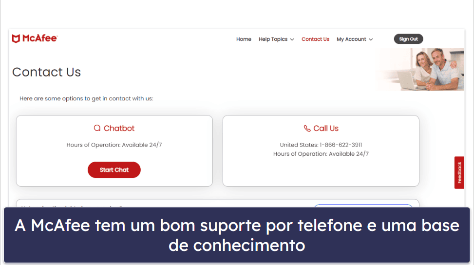 Suporte ao cliente da McAfee — Chat ao vivo útil, base de conhecimento abrangente e bom suporte por telefone